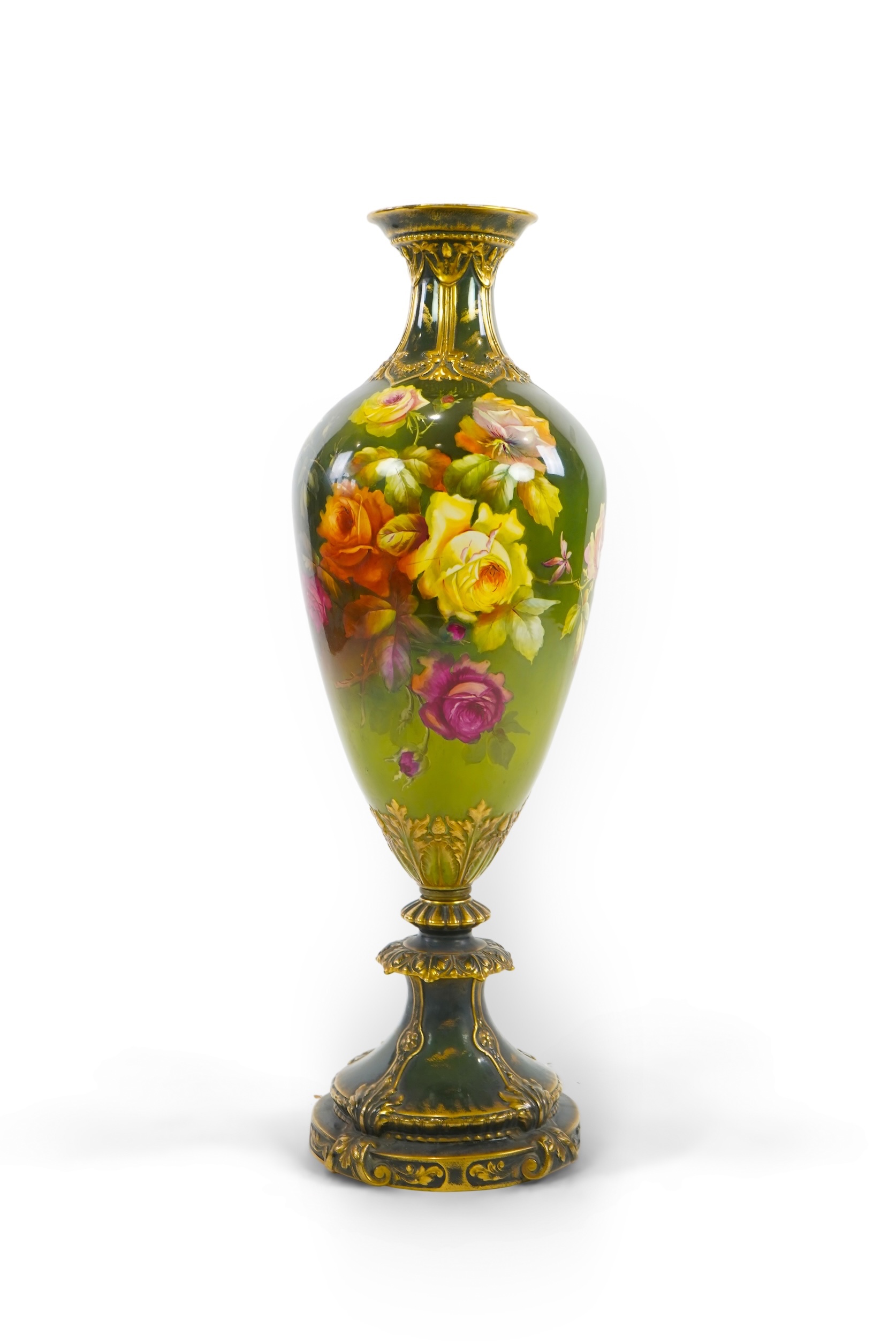 An exhibition size Continental rose painted pottery vase, late 19th/early 20th century